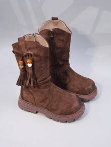 Girls' Boots, New Autumn/Winter Fringed Thermal-Lined Children's Short Boots, Kids' Western Cowboy Warm Boots, Thick Sole Student Toddler Mid-Calf Boots, Retro Thick Platform Tall Boots - Coffee Brown - View 8