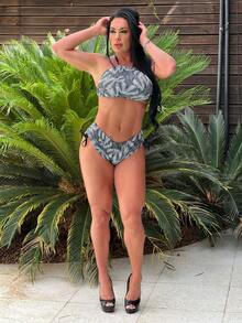 Conjunto Top Cropped e Shortinho Estampado Confecção SHMODAS - Folhas Preto - Visão 5