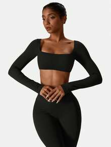 MFVIM Women's Black Long Sleeve Cropped Top And Flare Pants Set, Square Neck Fitted Style And High Waist Elastic Tummy Control Flare Yoga Pants. Suitable For Outdoor Running, Cycling, Yoga, Pilates, Gym Workout, 2-Piece Fitness Outfit For Women - Black - View 8