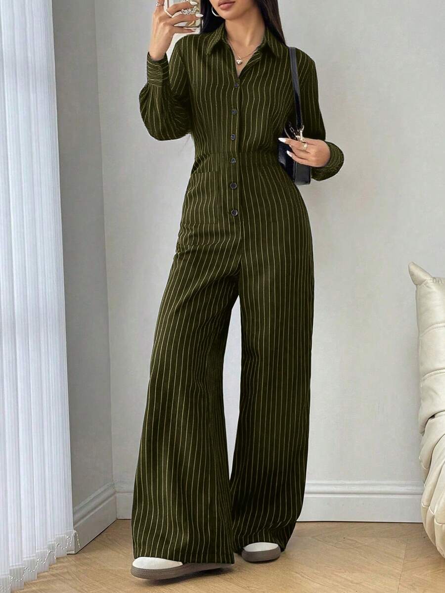 Striped Front Button Pocket Casual Jumpsuit For Women - Army Green - View 1