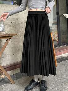 韩版秋冬新款弹力百褶裙，显瘦垂坠A字中长裙，百搭 - 黑色 - 查看 5
