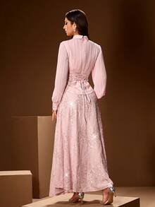 两件套女士Polo领连衣裙套装，包括饰有刺绣亮片的褶裥裙和高腰长袖上衣，适合婚礼、宴会、派对等各种场合，春季穿着。 - 淺粉色 - 查看 2