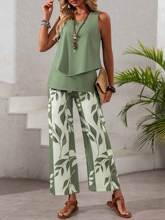 Women's Casual Elegant 2 Pieces Set, Square Neck Asymmetric Top Paired With Leaf Print Wide Leg Pants, Non-Stretch Fabric Outfit