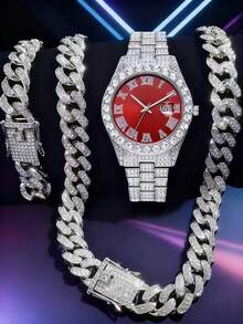 3 件欧美时尚嘻哈水钻 12 毫米手链、项链、石英腕表套装，男士街头风格配饰 - 金黃色 - 查看 6