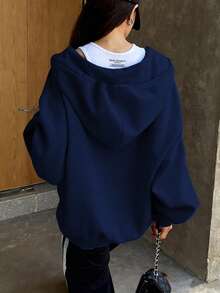 1pc Teen Girls Casual Minimalist Thermal Lined Hoodie Sweatshirt, Warm For Spring, Autumn & Winter - Navy Blue - View 4