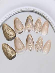 24片长款美甲贴片，饰有手工法式水钻、极光蝴蝶、清新腮红、扎染珍珠蝴蝶结杏仁形美甲贴片 + 1瓶果冻胶 + 1块指甲抛光块