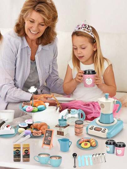 30件/52件儿童房屋装饰茶会套装，包含咖啡机套装、食物和甜点套装，适合3-9岁儿童，儿童厨房角色扮演游戏，适合公主女孩和男孩。