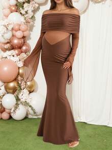 Elegant Off-Shoulder Maxi Maternity Dress, Long Ruched Sleeves, Fishtail Hem, Knitted Fabric, Stretchy & Comfortable