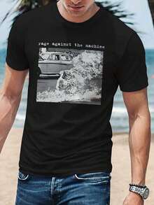 Camiseta gráfica de algodón negro para hombres Rage Against The Machine - Manga corta, 180g, diseño de humor casual con estampado de coche vintage y olas, ajuste relajado para atuendo casual, ropa casual |   Camiseta de Corte Relajado |   Camiseta de algodón - Negro - Ver 1