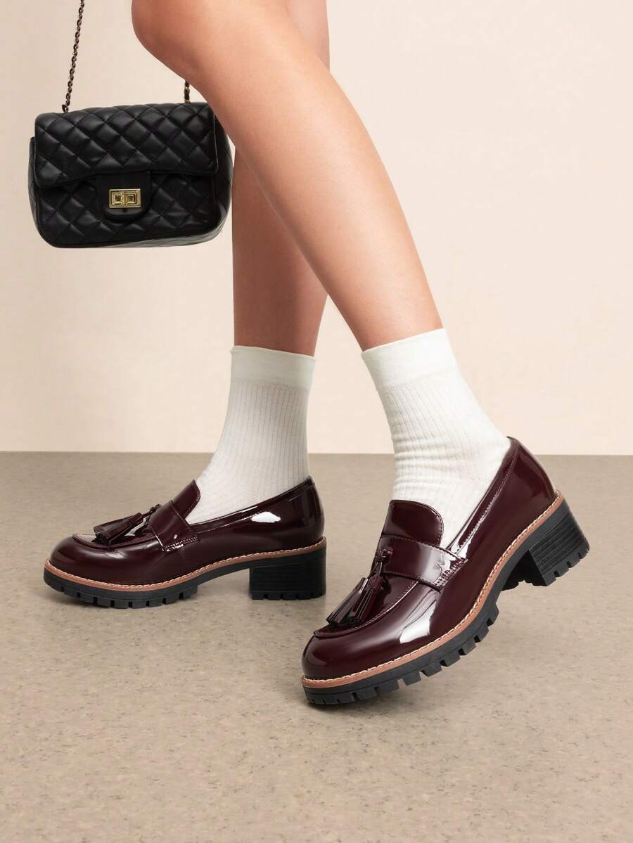 Women Platform Loafers Chunky Penny Heeled Lug Sole Flats Loafers Dressy Work Business Casual Slip On Shoes - Màu Đỏ Sâu - Xem 1