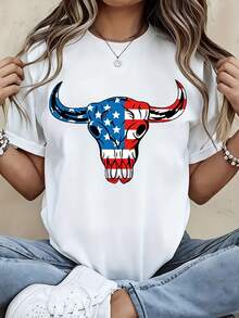American Flag Bull Skull Graphic T-Shirt Women Casual Summer Top Patriotic USA Design White Short Sleeve Tee Fashion Statement Shirt - White - View 1