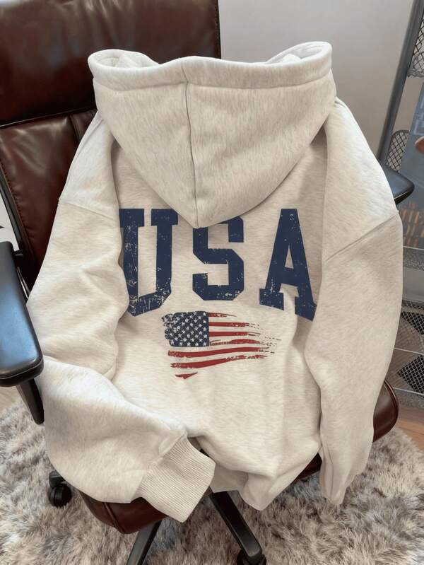 Sudadera con capucha de mujer LOVE JOYY con estampado de bandera de EE. UU. y hombros caídos, para graduación, regreso a la escuela, graduación, maestras, sudadera de otoño