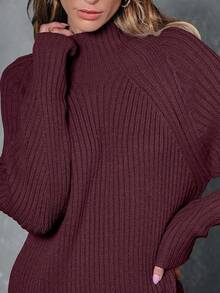 2026 Women's Casual Knit Dress Sweater Dresses For Women  Fall Fashion Mock Neck Long Lantern Sleeve Oversized Outfits Knit Tops Clothes ​ , Bodycon Long Sleeve ​ For Sports Outdoor Wear, Loose Fit Long Sleeve Comfy Daily Outfits For Women - 酒紅色 - 查看 6