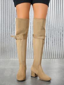 Botas altas delgadas de moda para mujer, nuevas botas de montar hasta la rodilla para otoño/invierno, botas altas versátiles de tacón grueso y alto, botas altas de tacón medio cuadrado y elásticas - Albaricoque - Ver 3