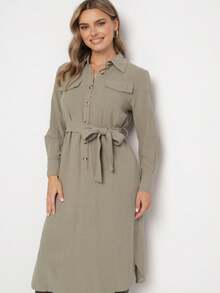 Robe chemise en coton unicolore avec ceinture à nouer pour femmes - Vert - Voir 4