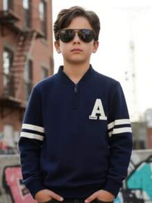 Sudadera Infantil Básica para Niño de Poliéster Tipo Pull Over Sin Capucha, Diseño Clásico Ajuste Cómodo - Azul Marino - Ver 1