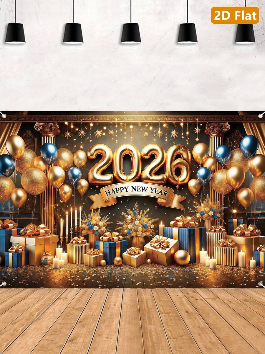 1件2026新年快乐金色背景横幅，新年气球形状涤纶悬挂旗帜背景布，庆祝派对家居房间家庭活动拍照背景墙装饰，新年礼物，花园庭院装饰花园旗帜，悬挂装饰，派对拍照道具，2026新年装饰，派对礼品