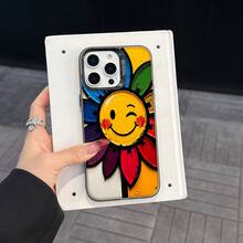 Colorful Silver Apple Phone CaseColorful Flower With A Happy Winking  FaceCompatible With  11 To  17 Models The Cases Lens Protection Function Ensures The Camera Remains Undamaged During Shooting  Guaranteeing Image Quality - 黑色 - 查看 4
