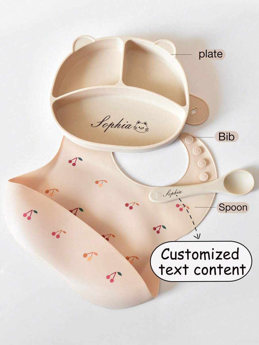 3pcs Baby Silicone Tableware Set, Customized Bib, Plate, Spoon, Waterproof Anti-Dirty Anti-Drop, Cherry Pattern, Feeding Supplies, Personalized Gift For Baby Boys And Girls, All Season - Khaki - View 1