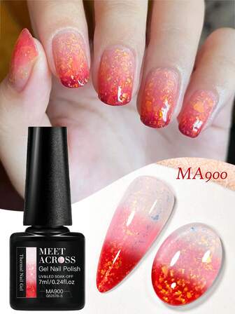 MEET ACROSS 1pc 7ml Auroras Glitter Thermal Gel Nail Polish, 3 Layers Red Pink Temperature Color Changing Gel Varnish Gold Foil Flakes Semi Permanant Soak Off UV Gel Varnish Manicure Nail Art DIY For Home And Salon Nail Supplies