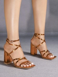Women's Orange Square Toe Chunky Heel Party Fashion Minimalist Casual Comfortable Versatile High Heel Sandals - Orange - View 2