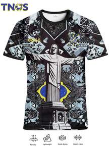 TNOS Brazilian Special Men's Football Sport Shirt & Rio De Janeiro Youth Round-Neck Comfortable Sports Top & With Rio De Janeiro Style And Praying Meaning & Suitable For Brazilian Football Matches, Football Training, Daily Fitness And As Gifts For Leisure & Has The Significance Of A Brazilian Fan Memorabilia - Black - View 1