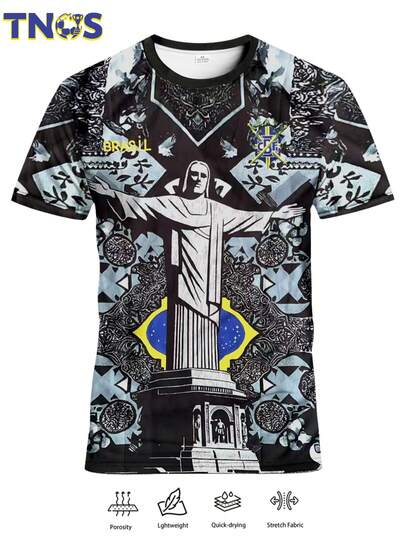 TNOS Brazilian Special Men's Football Sport Shirt & Rio De Janeiro Youth Round-Neck Comfortable Sports Top & With Rio De Janeiro Style And Praying Meaning & Suitable For Brazilian Football Matches, Football Training, Daily Fitness And As Gifts For Leisure & Has The Significance Of A Brazilian Fan Memorabilia