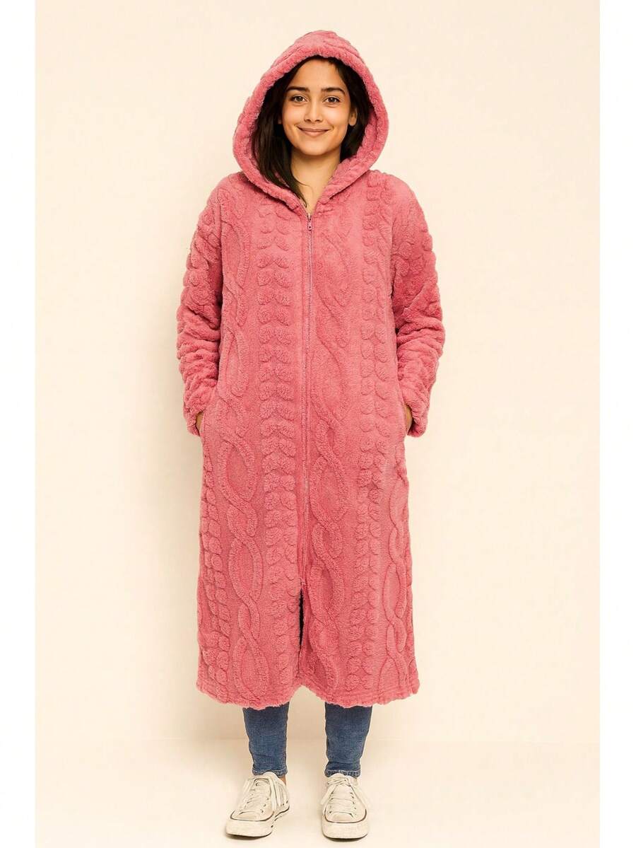 Chamarra larga de invierno tipo abrigo, con textura tejida en relieve y acabado peluche suave. Perfecta para combinar con jeans, leggings o botas para un look casual y acogedor. - Rosa - Ver 1