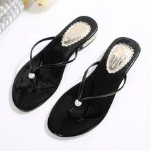 Summer New Flip Flops Sandals With Pearl, Fashion Women Flat Sandals Round Toe Square Heel Outdoor Shiny - Black - View 7