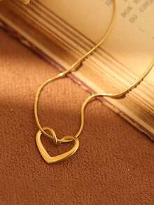 1 件时尚镂空简约心形吊坠项链，不锈钢电镀，女士，不易褪色情人节 - 金色 - 查看 8
