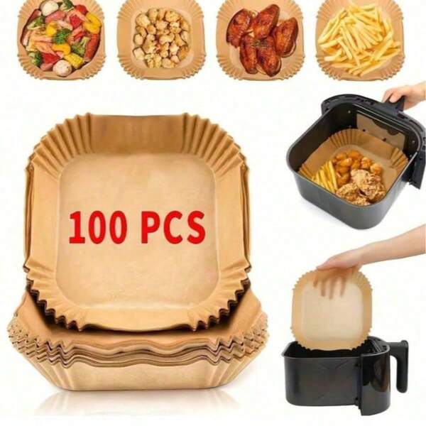 100 9-Inch Square Air Fryer Parchment Liners - Natural Unbleached Wood Parchment, Suitable For 5-8 Quart Air Fryers, Non Stick, Suitable For Christmas, Halloween, Easter, Thanksgiving