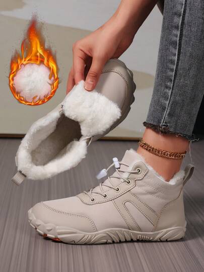 Botas de tobillo altas para mujer, botas de nieve, botas de tobillo para exteriores forradas térmicamente para el invierno, puntera ancha plana, botas deportivas con cordones, botas casuales de moda, botas de esquí, sueltas y cómodas, botas de piel