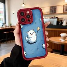 Cubierta de teléfono con borde negro azul claro con estampado de gato blanco mágico con varita estrella y estrellas pequeñas para uso diario en cafeterías y salas de estar Aplicable a los teléfonos de la serie Apple y Galaxy - Burdeos - Ver 7