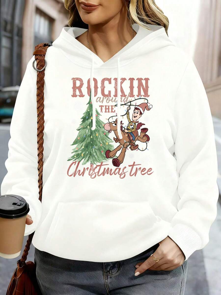 Disney Hoodie White Rockin Around The Christmas Tree Mickey Mouse Print Holiday Sweatshirt For Women Winter Casual Wear - Blanc - Voir 1