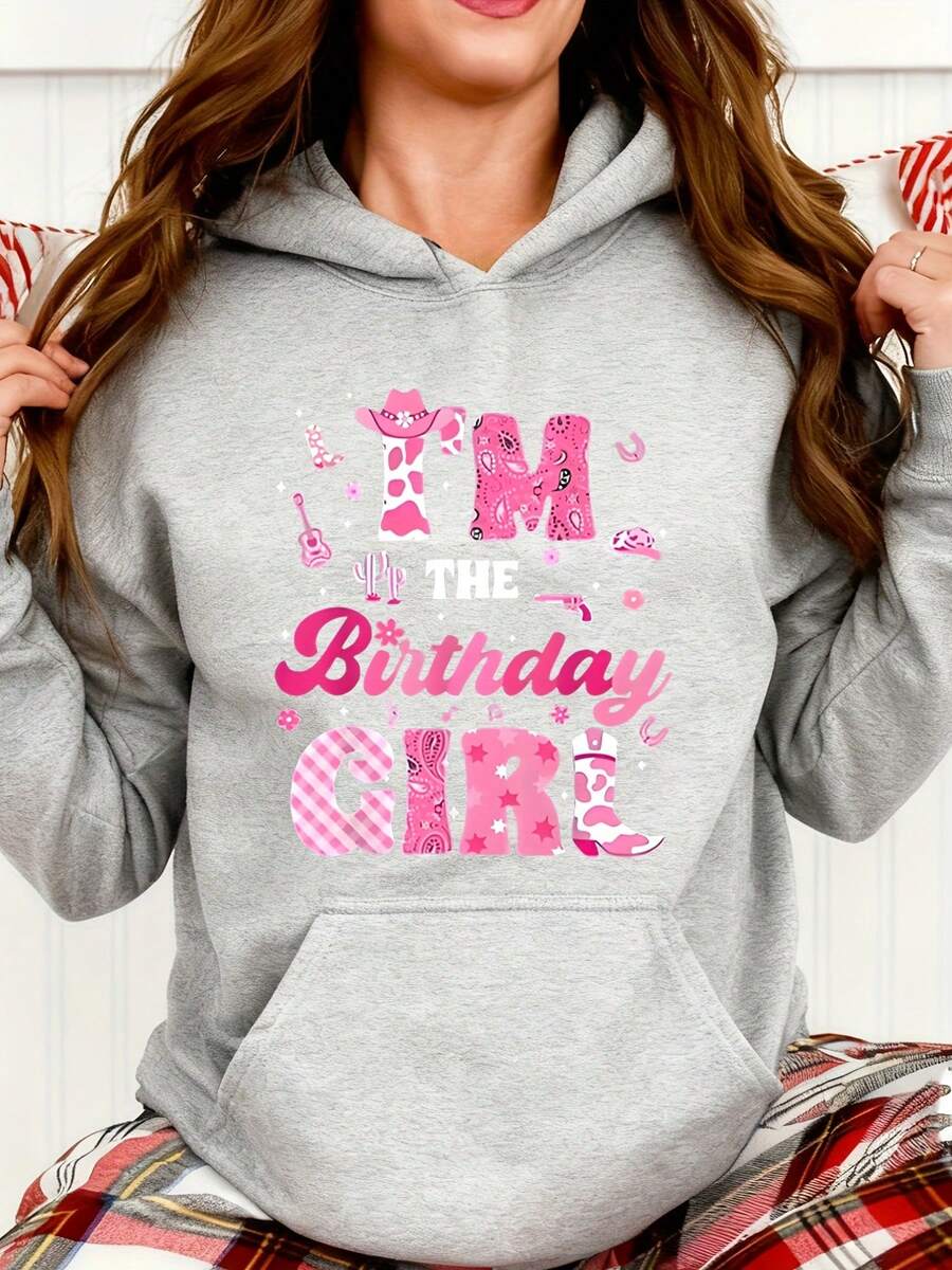 I Am The Birthday Girl Party Hoodie Women Cowgirl Theme Celebration Gift For Birthday Girl Fun Festive Outfit For Special Day - 淺灰色 - 查看 1