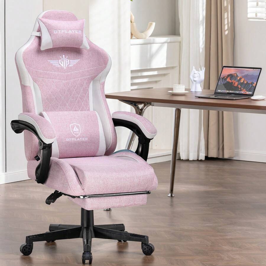 GTPLAYER Chaise gaming ergonomique avec soutien lombaire - Siège PC à large assise - Charge max : 150 kg - Rose bonbon - Voir 1