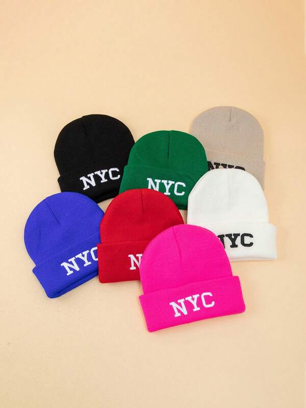 1pc Women Fashionable 3D Embroidered NYC Knit Beanie Hat, Warm Winter Accessory