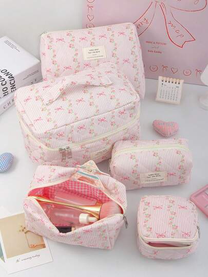 1Pc/Set Pink Heart & Bowknot Wash And Cosmetic Bag Set,Girls Sweet Large Capacity Multifunctional Storage Bag Clutch Makeup Bag Makeup Pouch Pencil Case With Zipper Closure For Skin Care,Cosmetics,Lip Oil,Sunscreen Cream,Hand Cream,Headset,Coin,Stationery,Sanitary Towel,Tampon,Small Items,Dorm Essentials Travel Essentials,Mom's Gift,Teacher's Gift,Gift For Bestie
