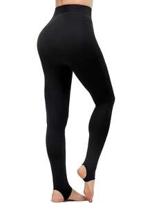 Fleece Lined Sheer Warm Pantyhose Leggings Translucent Thermal Winter Thick Tights Dresses, Women's Style 5FUO - 純黑色馬鐙 - 查看 1
