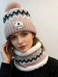 2 Pieces Geometric Pattern Acrylic Women Autumn/Winter Knitted Hat And Scarf Set, Thickened Velvet Earmuff Protection Beanie, Pom Pom, Suitable For Outdoor Cycling Winter Accessories Winter Outfits Valentines Gift - A - View 12