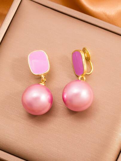 1 Pair Purple & Pink Pearl Minimalist Clip-On Earrings, No Piercing Needed, Suitable For Teenagers