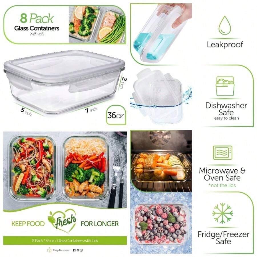 Glass Meal Containers 5 Pack, 36 Ounce - Glass Food Storage Containers with Lids - Food Containers Food Containers Glass Storage Containers with Lids Glass Lunch Containers - Paquete de 8 - 36 oz - Ver 1