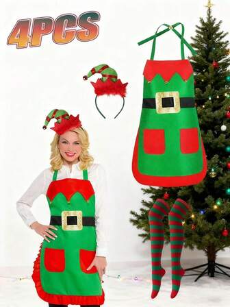 4PCS Christmas Elf Costume - Cartoon Elf Apron + Christmas Headband And Multi-Color Striped Stocking Set, Decorated With Bells, Suitable For Elf Costumes Parties, Christmas Role-Playing, And Kitchen Cooking. Cartoon Costumes For Adults (Both Women And Men)