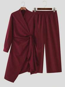 Men V-Neck Twist Wrap Long Sleeve Asymmetrical Tops Shirt Elastic Waist Long Pants Trousers Casual 2PCS Sets Suits - 酒紅 - 查看 3