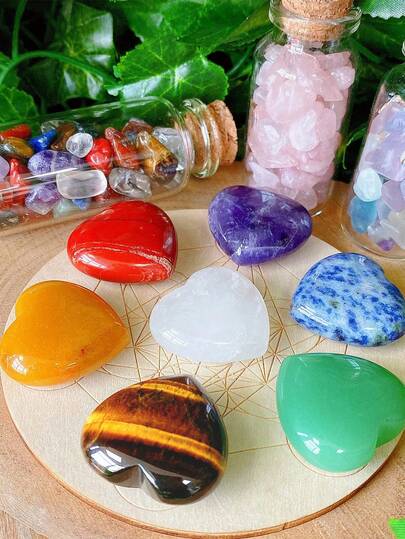10pcs Assorted Natural Polished Gemstone Set, Including Heart-Shaped Crystal, Amethyst, Turquoise, Rose Quartz, 0.8 Inch Bulk For Energy Balance, Love, Valentine's Day Gift (Random Style)