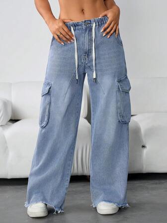 女士时尚百搭抽绳腰阔腿直筒牛仔裤，后有口袋