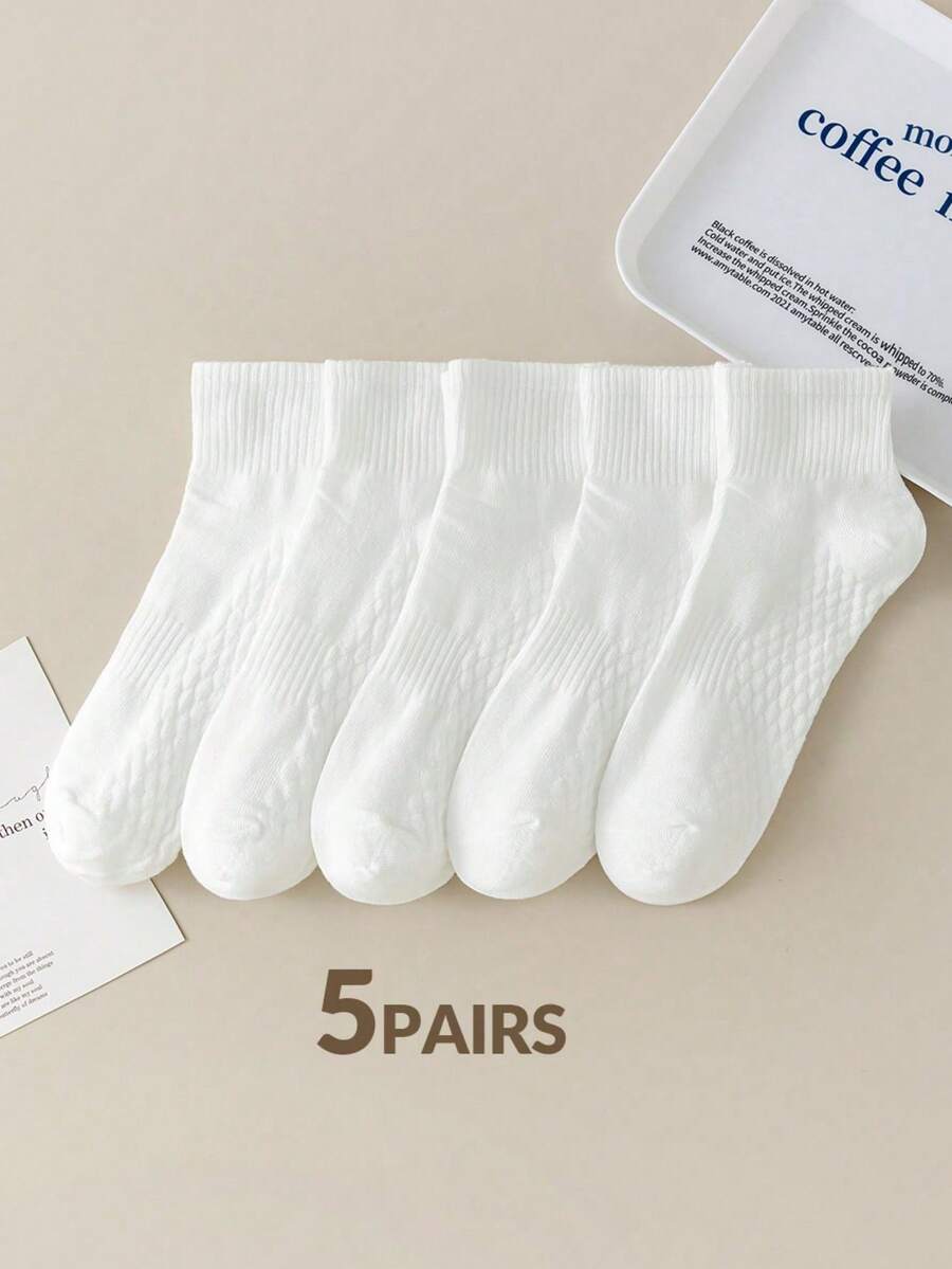 5 Pairs White Massage Bottom Socks, Solid Color Mid-Calf Socks, Korean Style Versatile Socks For Women, Suitable For Summer And Autumn/Winter, Sports Socks, Couple Socks - White - View 1