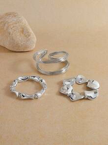 Opalesca 3pcs Fashionable Asymmetrical Shaped Bracelet & Bangle Set For Women, Suitable For Daily Wear, Party, Gift, Jewelry (2 Bracelets Are Plastic Material) - Silver - View 1