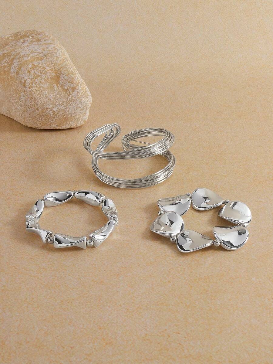Opalesca 3pcs Fashionable Asymmetrical Shaped Bracelet & Bangle Set For Women, Suitable For Daily Wear, Party, Gift, Jewelry (2 Bracelets Are Plastic Material) - Silver - View 1