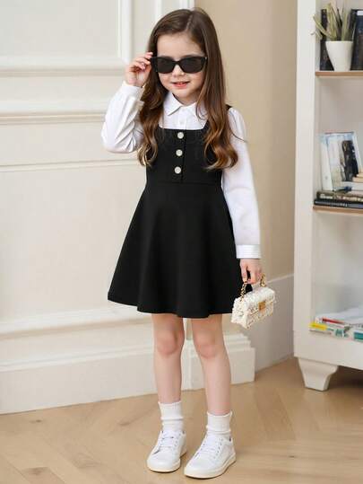 女童秋季黑白撞色吊带连衣裙透气衬衫+经典拼色拼接简约时尚休闲连衣裙
